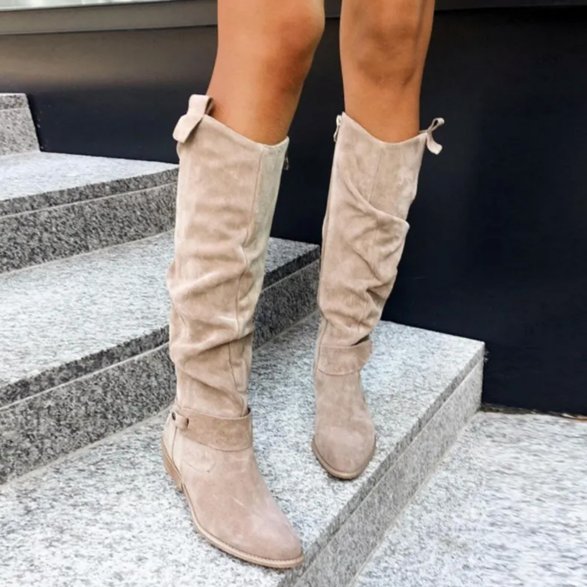Women's slouch knee high boots with low heel, buckles and almond toe