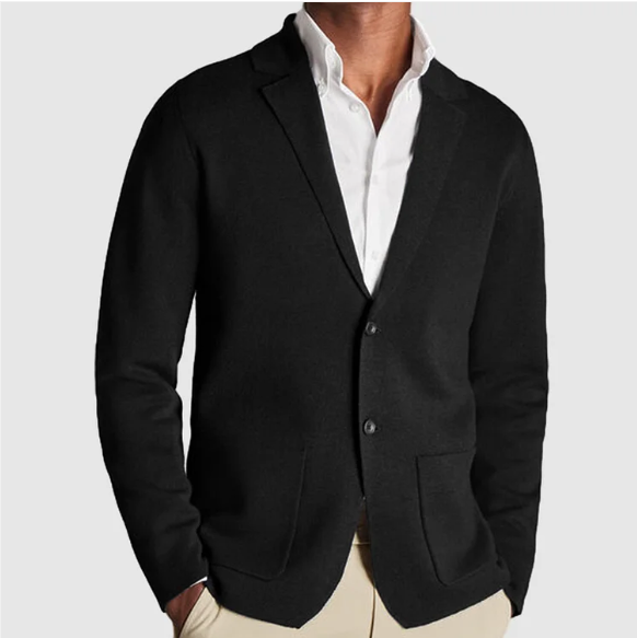 Men's knit blazer cardigan with lapels, buttons and patch pockets