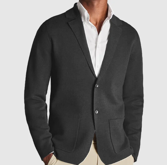 Men's knit blazer cardigan with lapels, buttons and patch pockets