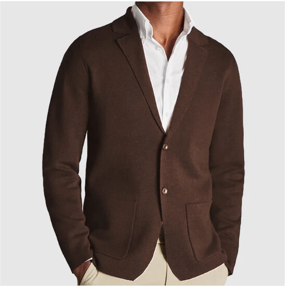 Men's knit blazer cardigan with lapels, buttons and patch pockets
