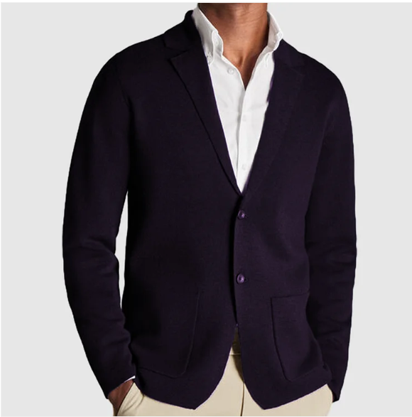 Men's knit blazer cardigan with lapels, buttons and patch pockets