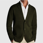 Men's knit blazer cardigan with lapels, buttons and patch pockets