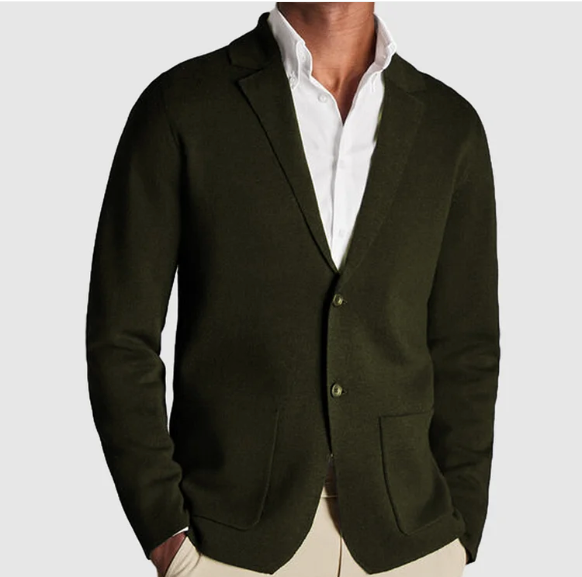 Men's knit blazer cardigan with lapels, buttons and patch pockets