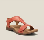 Women's black orthopedic t-strap sandal with adjustable velcro and contoured footbed