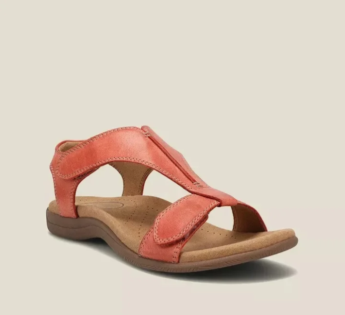 Women's black orthopedic t-strap sandal with adjustable velcro and contoured footbed
