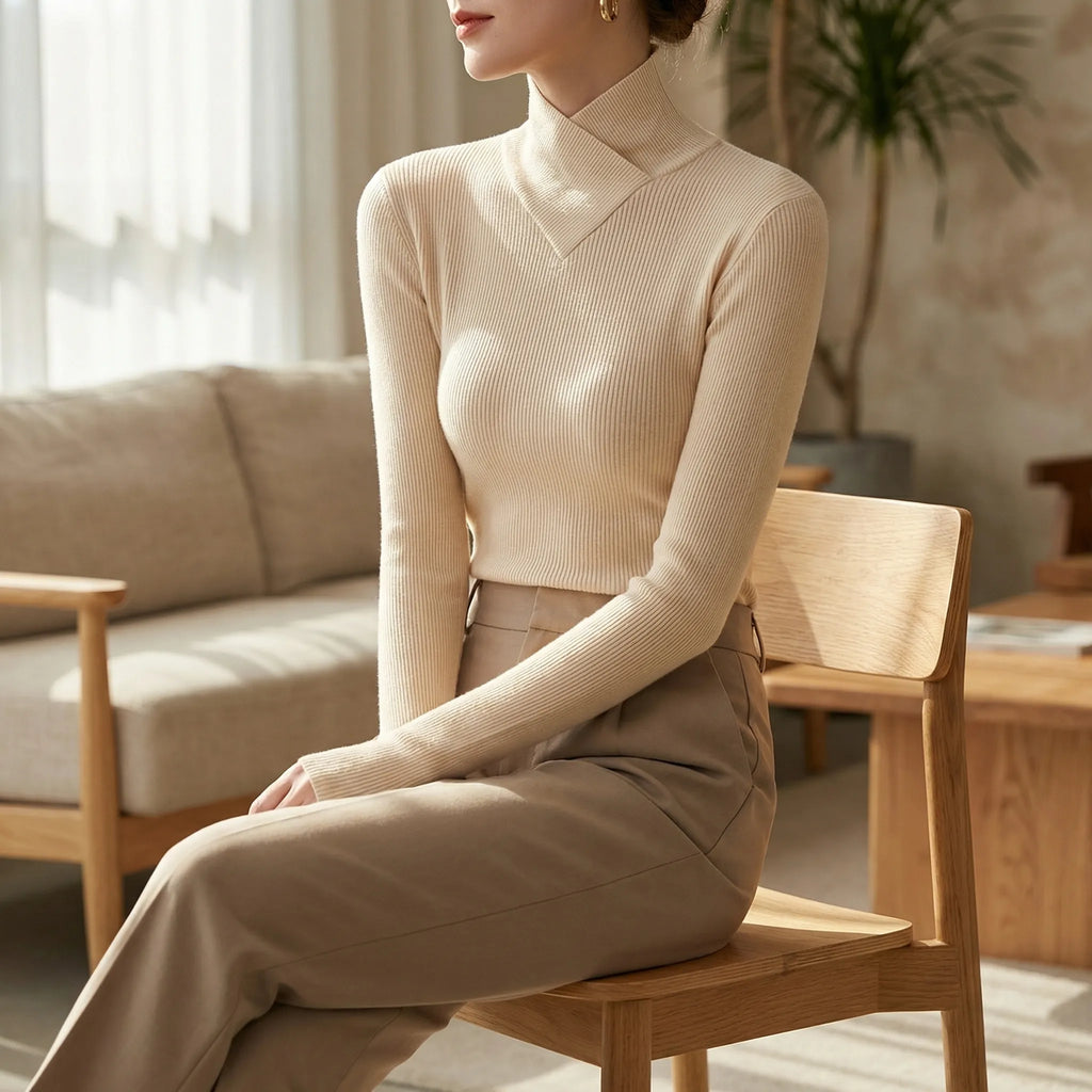 Women's fitted ribbed turtleneck sweater with crossover high neck and long sleeves