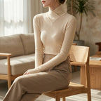 Women's fitted ribbed turtleneck sweater with crossover high neck and long sleeves