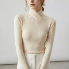 Women's fitted ribbed turtleneck sweater with crossover high neck and long sleeves