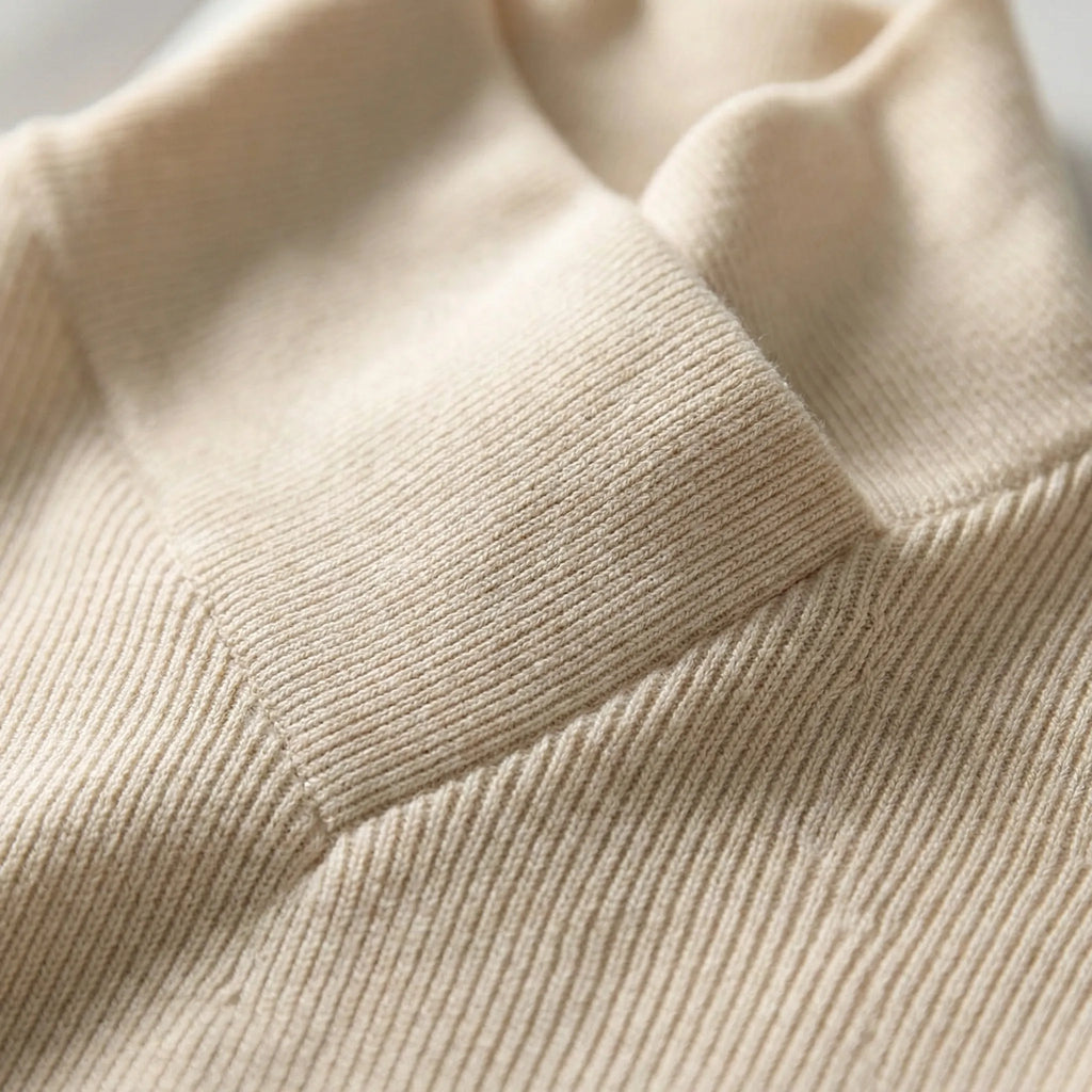 Women's fitted ribbed turtleneck sweater with crossover high neck and long sleeves