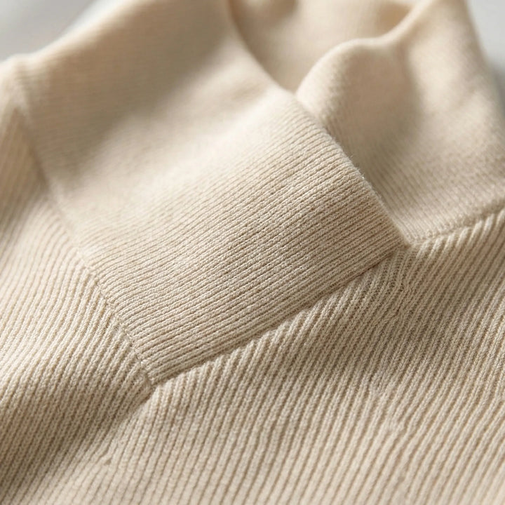 Women's fitted ribbed turtleneck sweater with crossover high neck and long sleeves