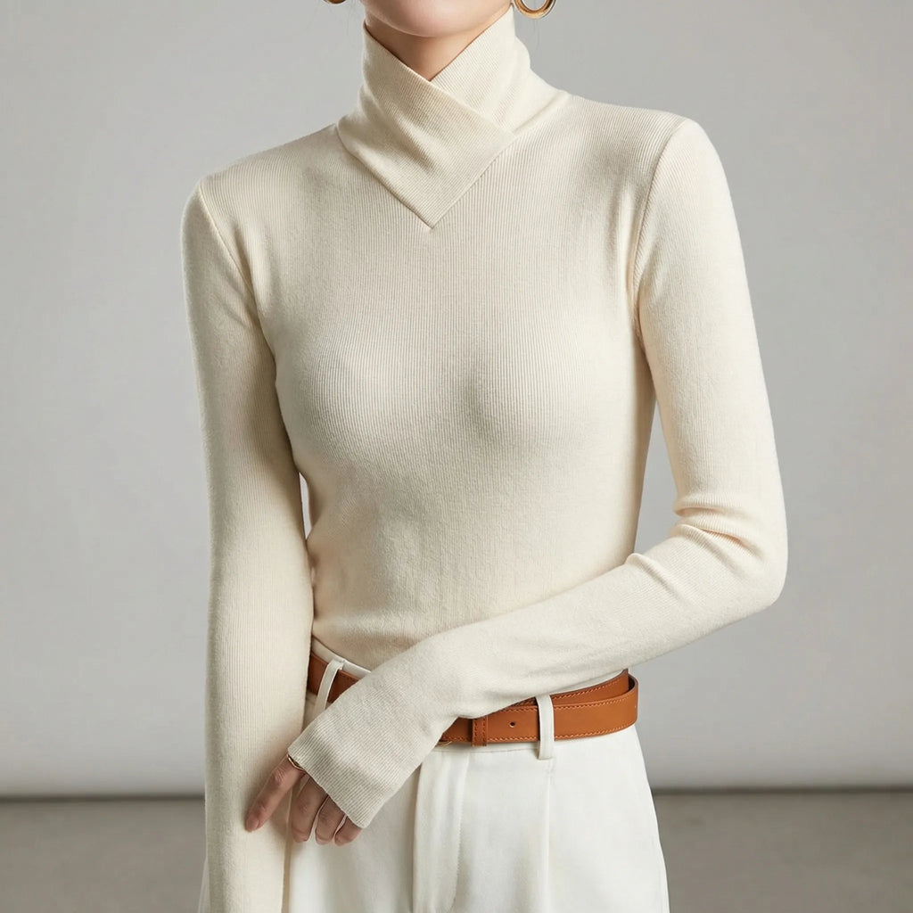 Women's fitted ribbed turtleneck sweater with crossover high neck and long sleeves
