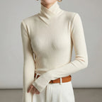 Women's fitted ribbed turtleneck sweater with crossover high neck and long sleeves