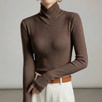 Women's fitted ribbed turtleneck sweater with crossover high neck and long sleeves