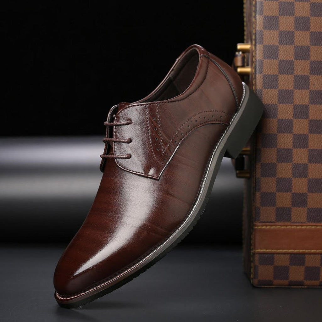 Men's pointed-toe lace-up dress shoe with low heel