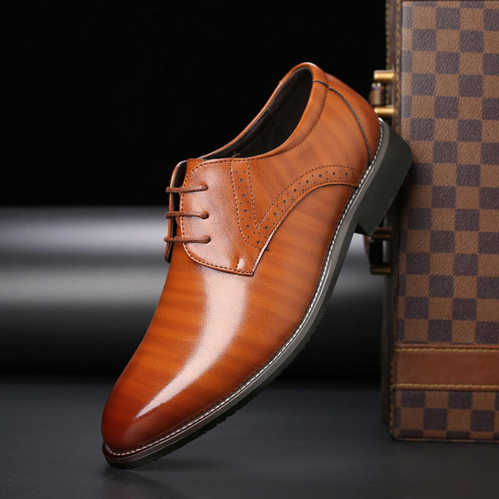 Men's pointed-toe lace-up dress shoe with low heel