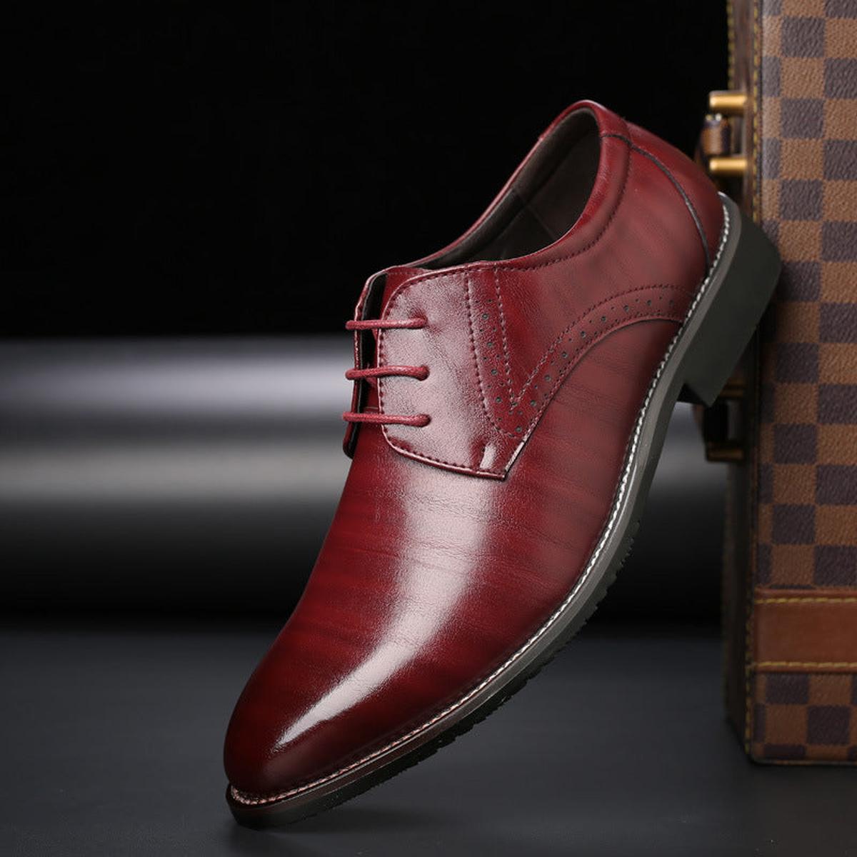 Men's pointed-toe lace-up dress shoe with low heel