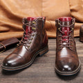 Men's brown lace-up ankle boots with burgundy contrast panels and low heels