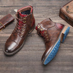 Men's brown lace-up ankle boots with burgundy contrast panels and low heels