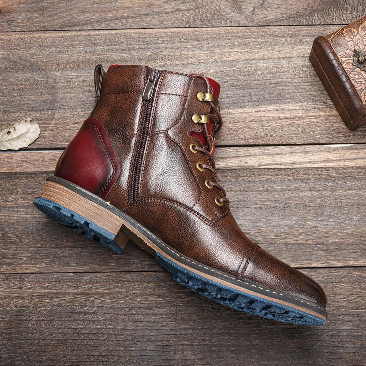 Men's brown lace-up ankle boots with burgundy contrast panels and low heels