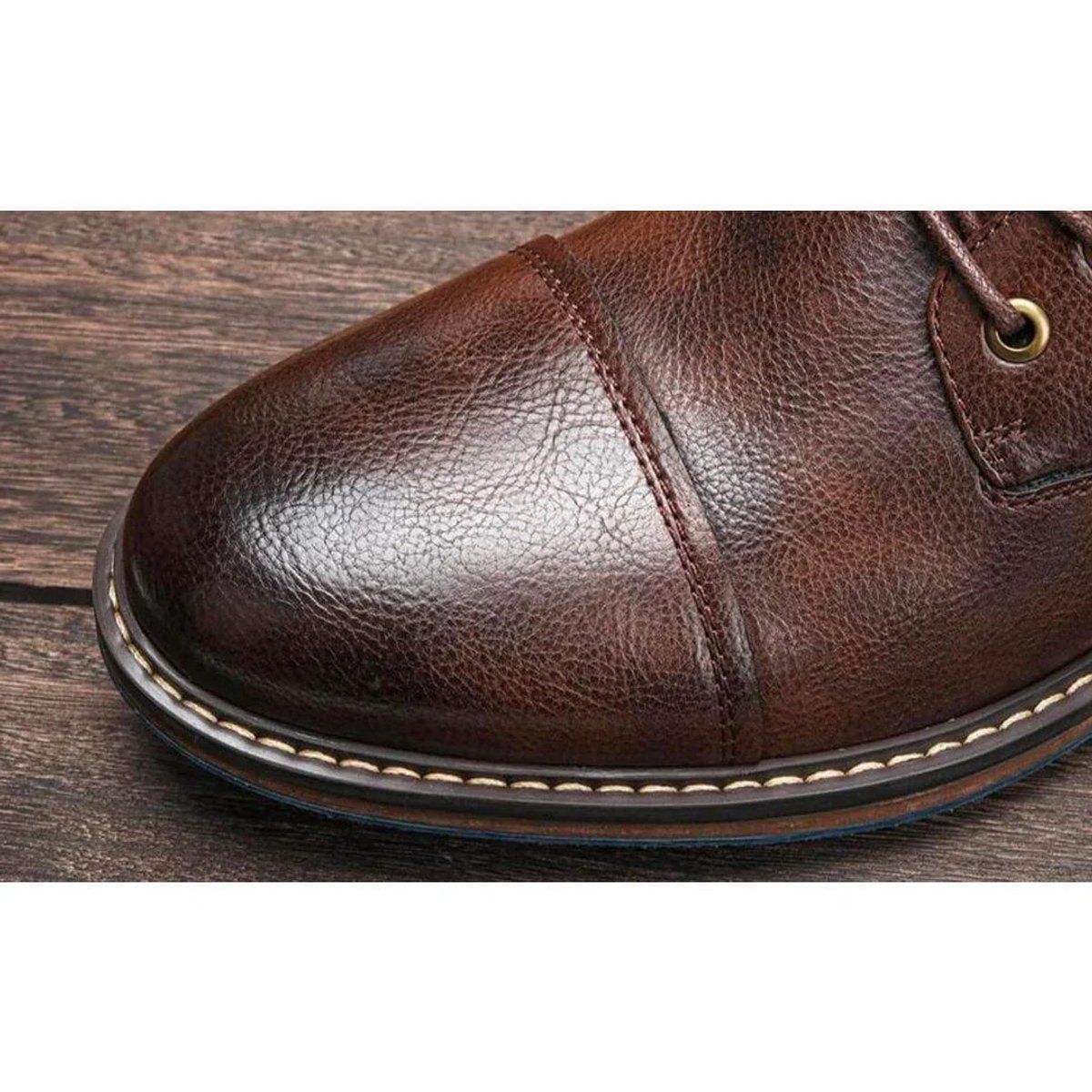 Men's brown lace-up ankle boots with burgundy contrast panels and low heels