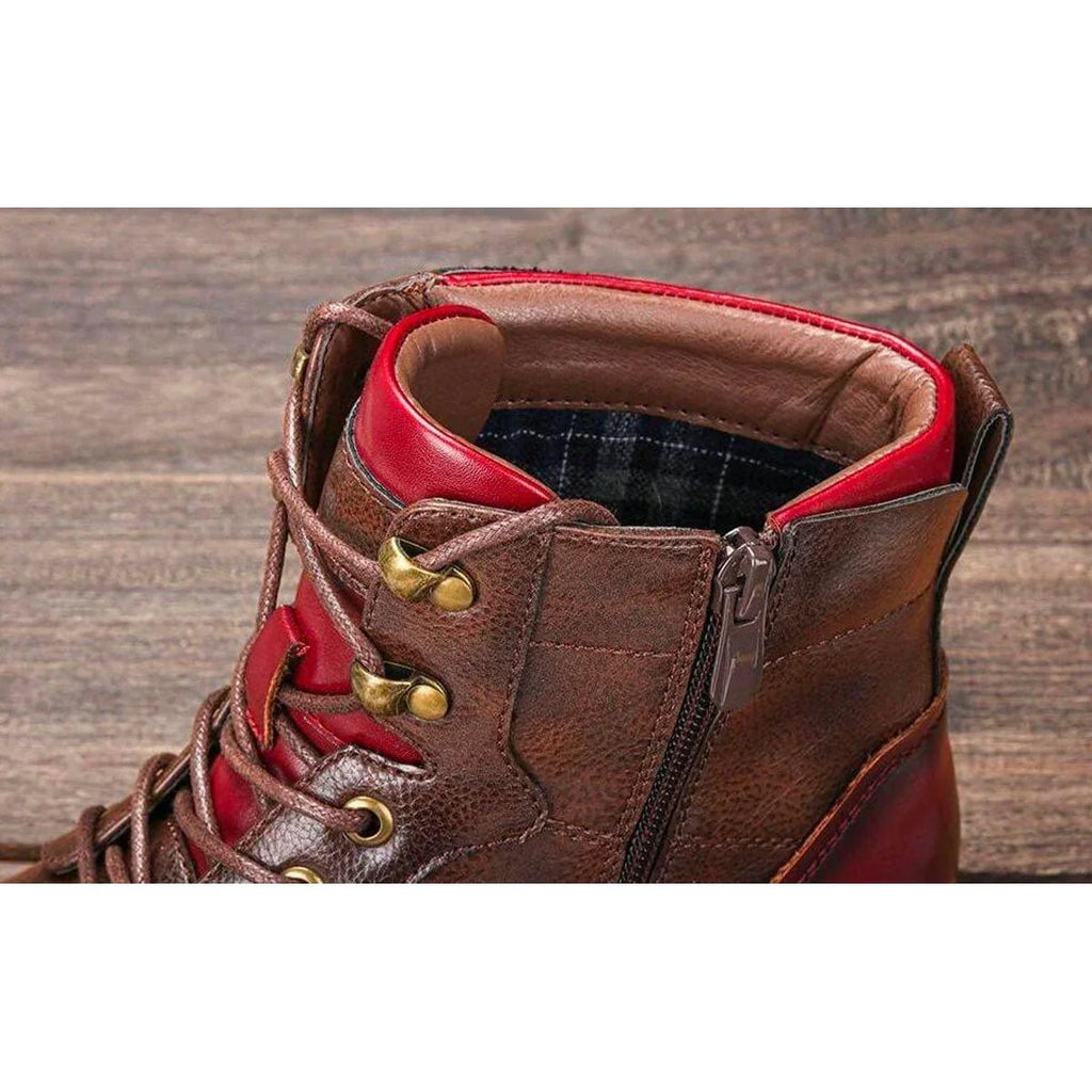Men's brown lace-up ankle boots with burgundy contrast panels and low heels