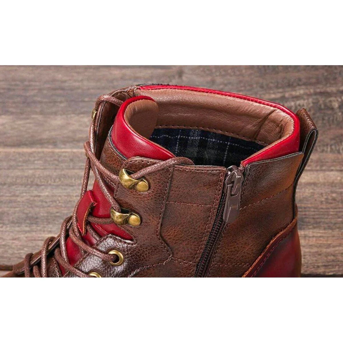 Men's brown lace-up ankle boots with burgundy contrast panels and low heels