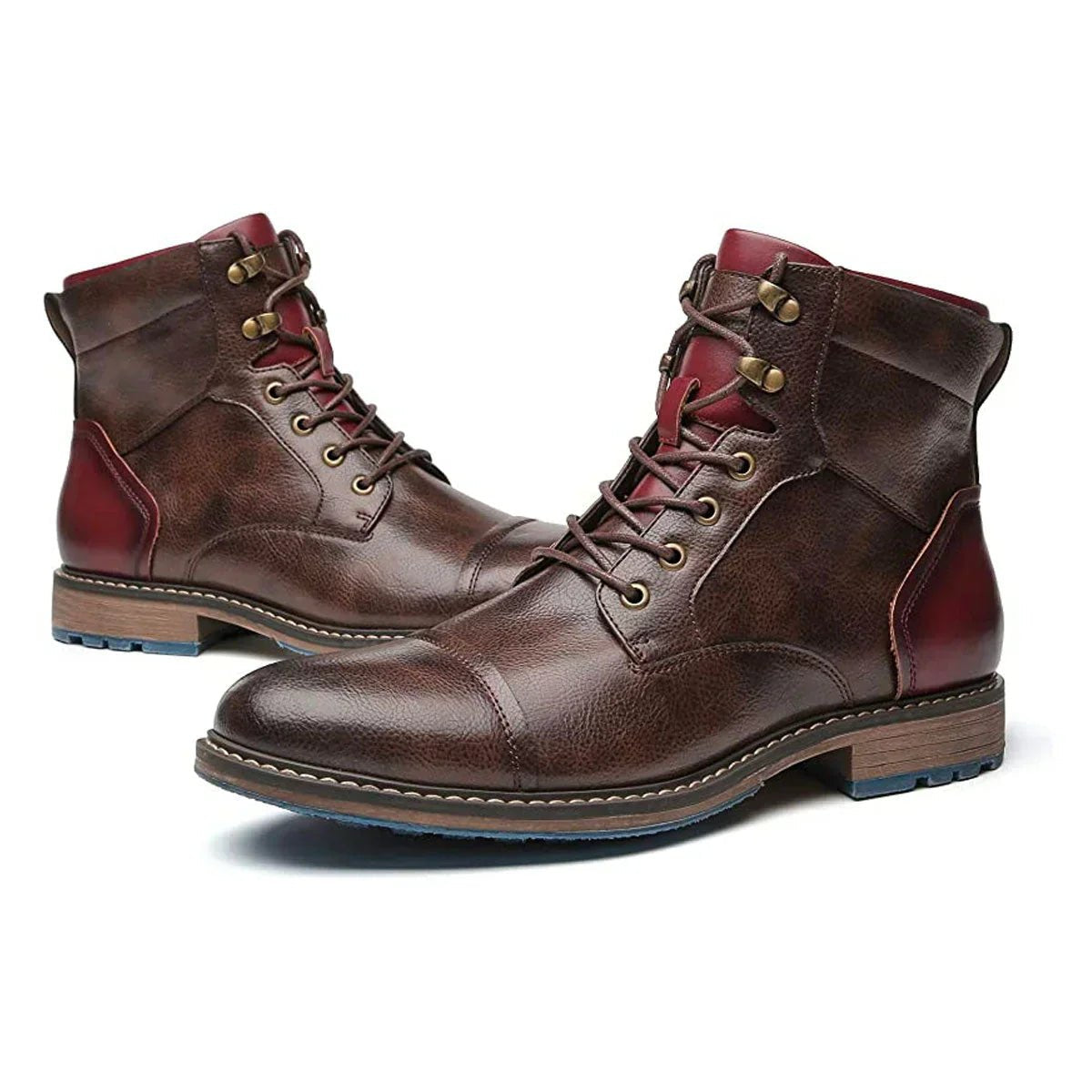 Men's brown lace-up ankle boots with burgundy contrast panels and low heels