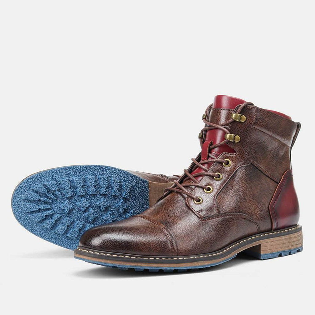 Men's brown lace-up ankle boots with burgundy contrast panels and low heels