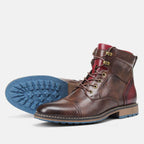 Men's brown lace-up ankle boots with burgundy contrast panels and low heels