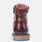 Men's brown lace-up ankle boots with burgundy contrast panels and low heels