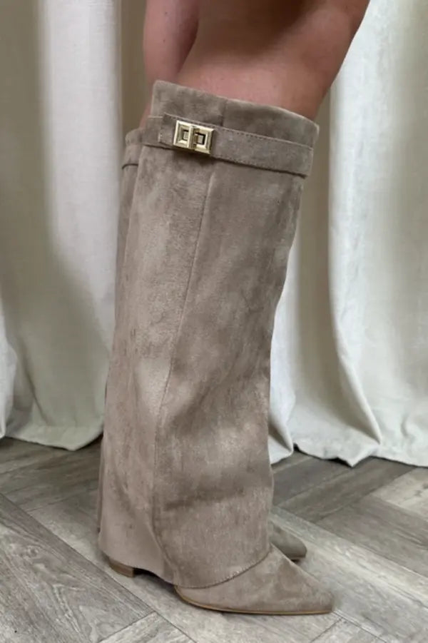 Women's mid-calf boots with pointed toes, buckle straps and block heels