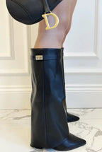 Women's knee-high pointed-toe boots with straight shafts, buckle detail and low block heels