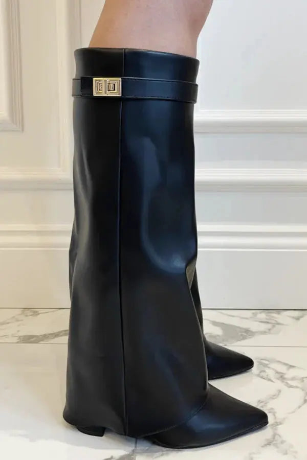 Women's mid-calf boots with pointed toes, buckle straps and block heels