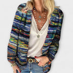 Women's multicoloured striped knit cardigan with long sleeves and open front