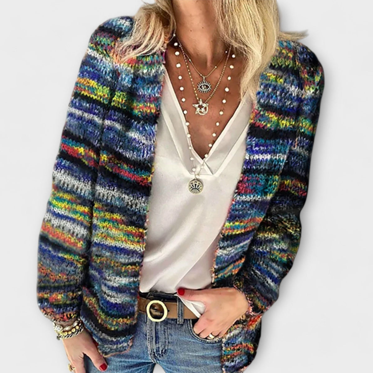 Women's multicoloured striped knit cardigan with long sleeves and open front