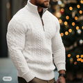 Men's cable knit half-zip sweater with high collar and long sleeves