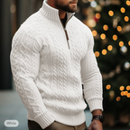 Men's cable knit half-zip sweater with high collar and long sleeves