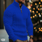 Men's cable knit half-zip sweater with high collar and long sleeves