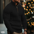 Men's cable knit half-zip sweater with high collar and long sleeves