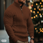 Men's cable knit half-zip sweater with high collar and long sleeves