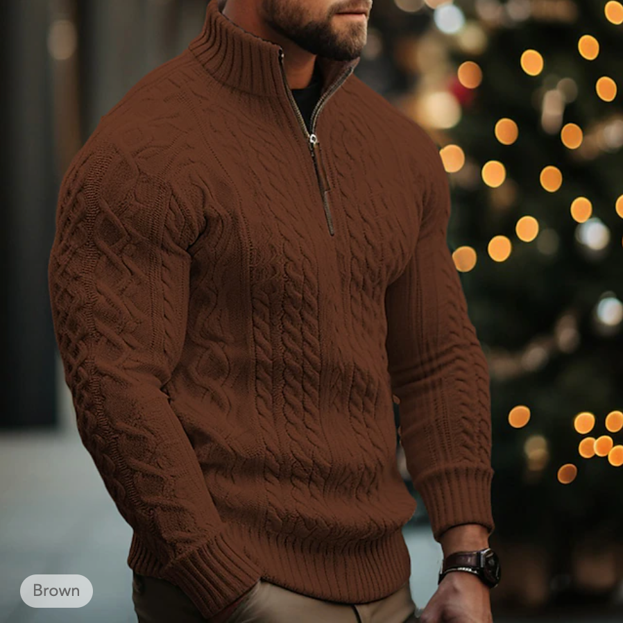 Men's cable knit half-zip sweater with high collar and long sleeves