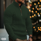 Men's cable knit half-zip sweater with high collar and long sleeves
