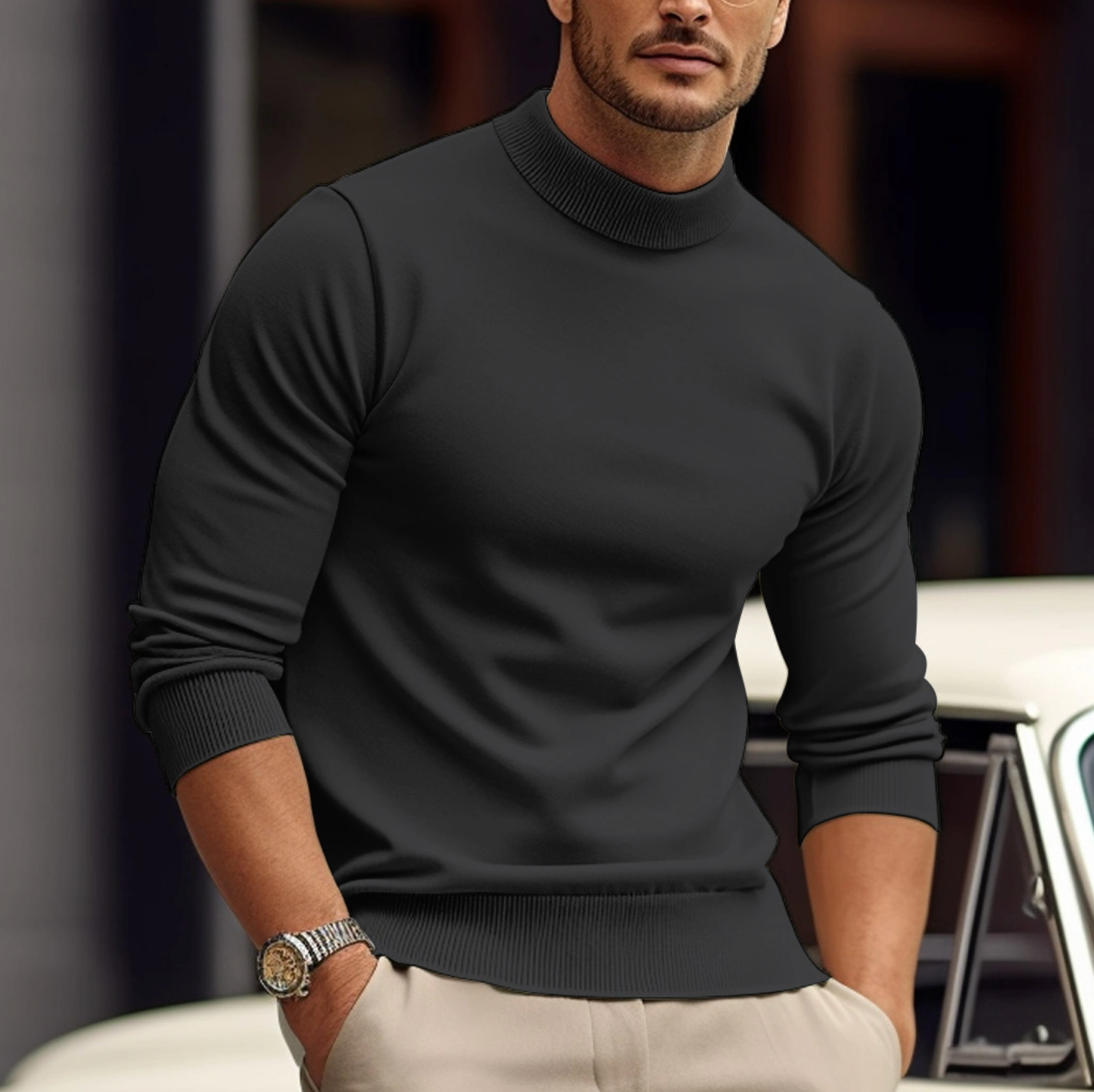 Men's fitted mock neck sweater with long sleeves and ribbed trims