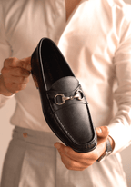 Men's black leather moccasin loafers with silver metal bit
