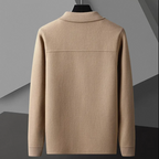 Men's collared cardigan with button front, long sleeves and contrast-trimmed patch pockets