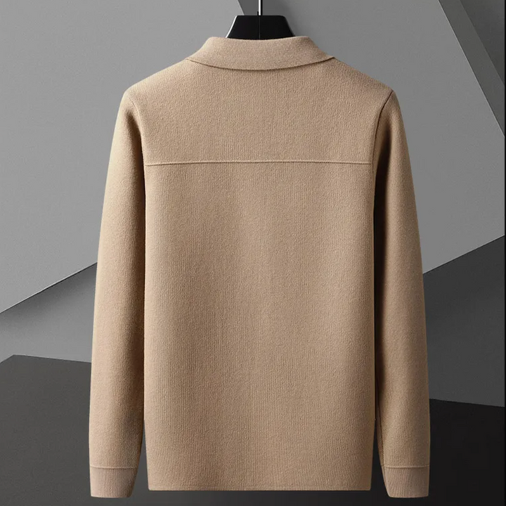 Men's collared cardigan with button front, long sleeves and contrast-trimmed patch pockets