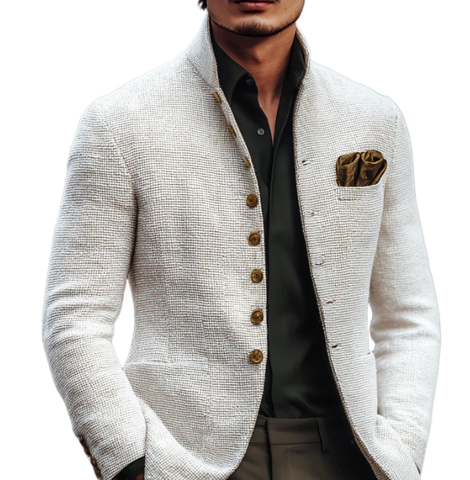 Men's white textured jacket with stand collar and button front