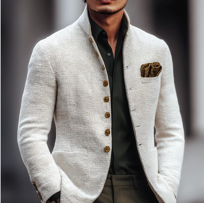 Men's white textured jacket with stand collar and button front