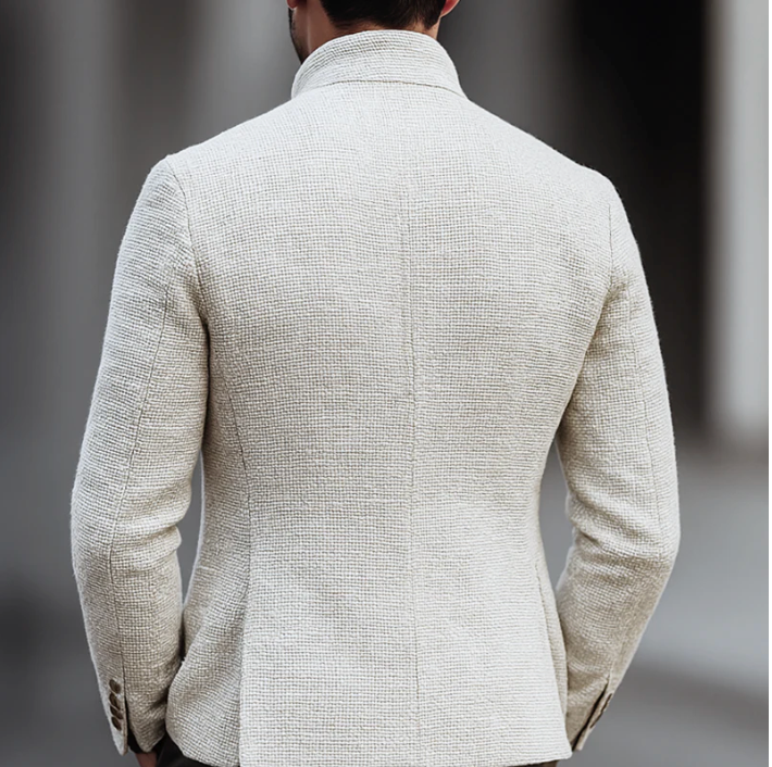 Men's white textured jacket with stand collar and button front