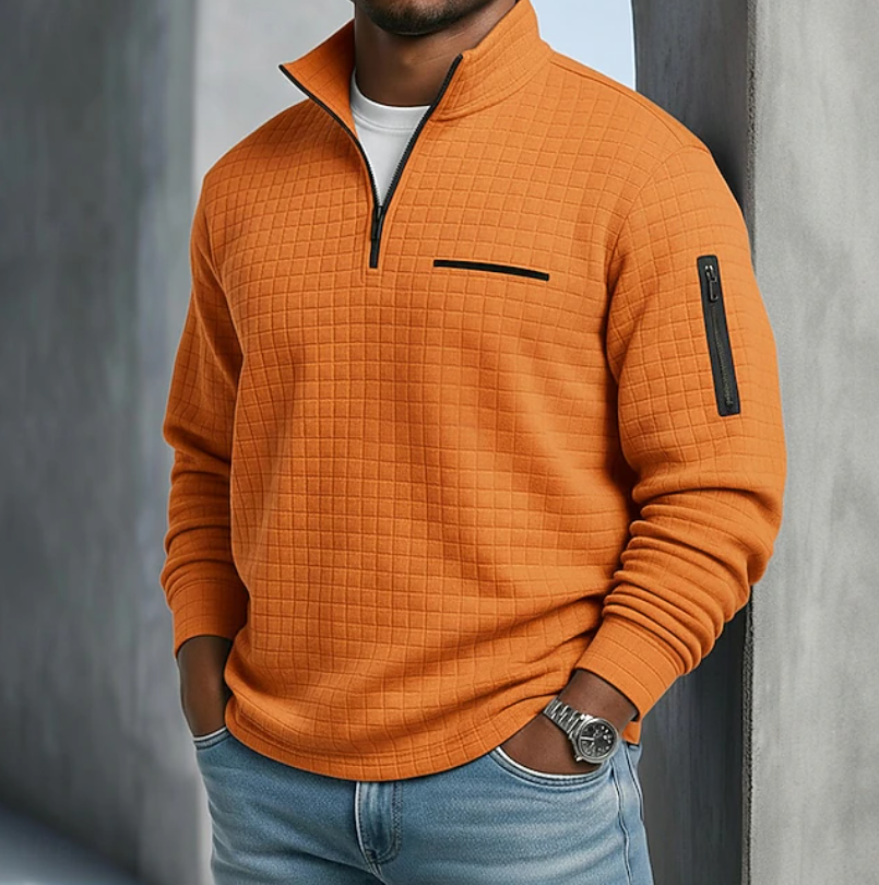 Men's textured quarter-zip jumper with mock neck and zipped pockets